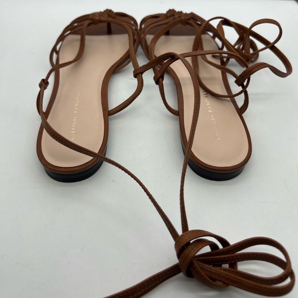 LOEFFLER RANDALL Lorelai Cognac Leather Open Toe Ankle Wrap Flat Sandals sz 10.5 - Picture 9 of 10